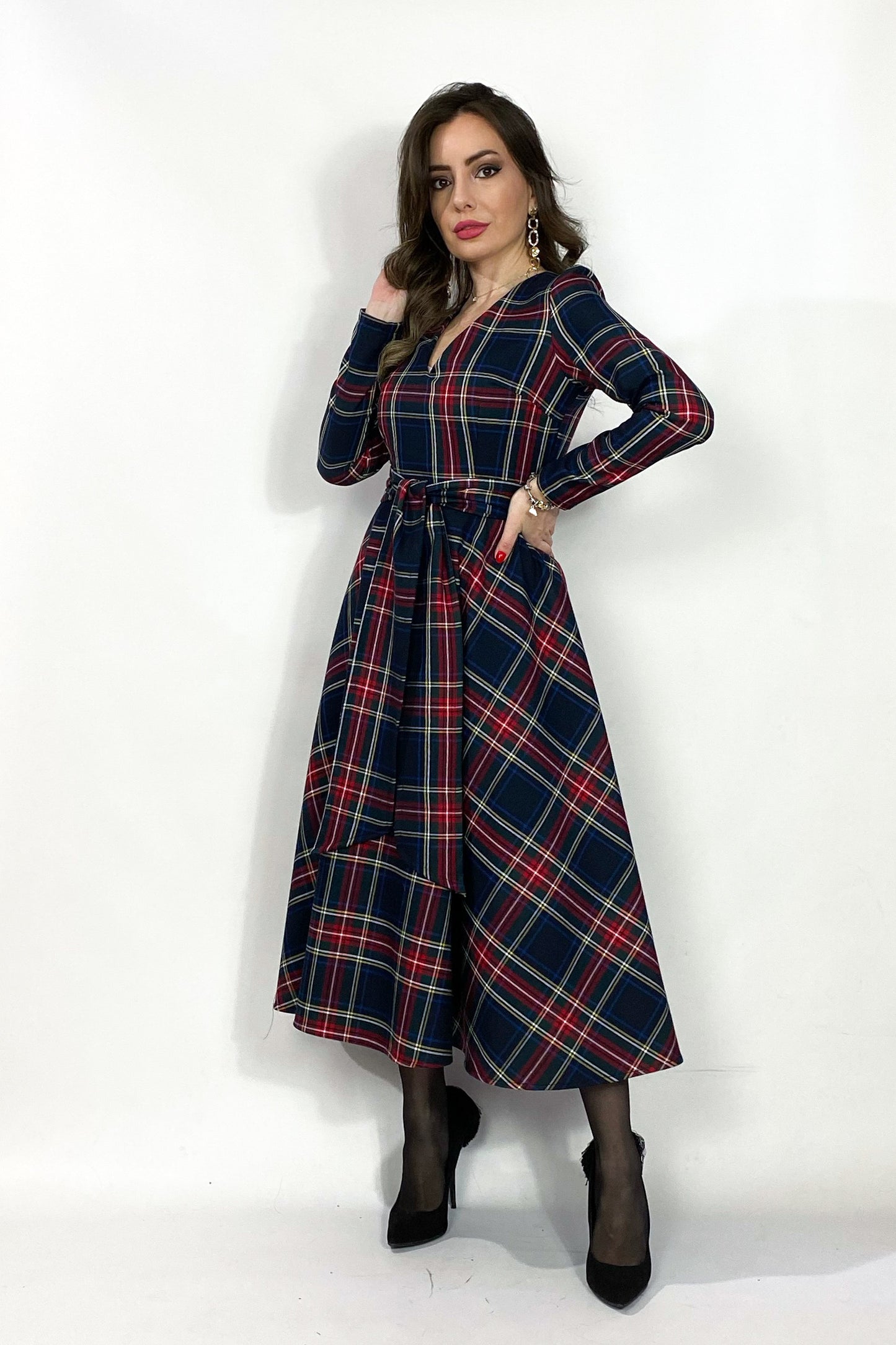 Abito midi in tartan nero - Black Bells