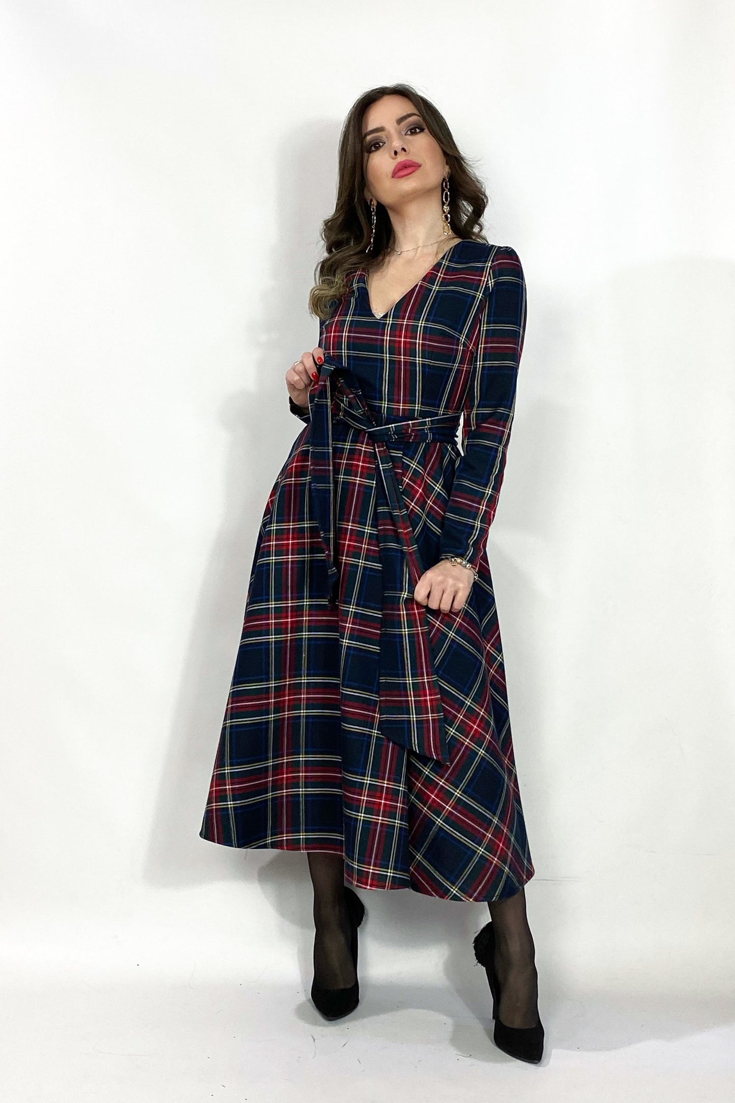 Abito midi in tartan nero - Black Bells