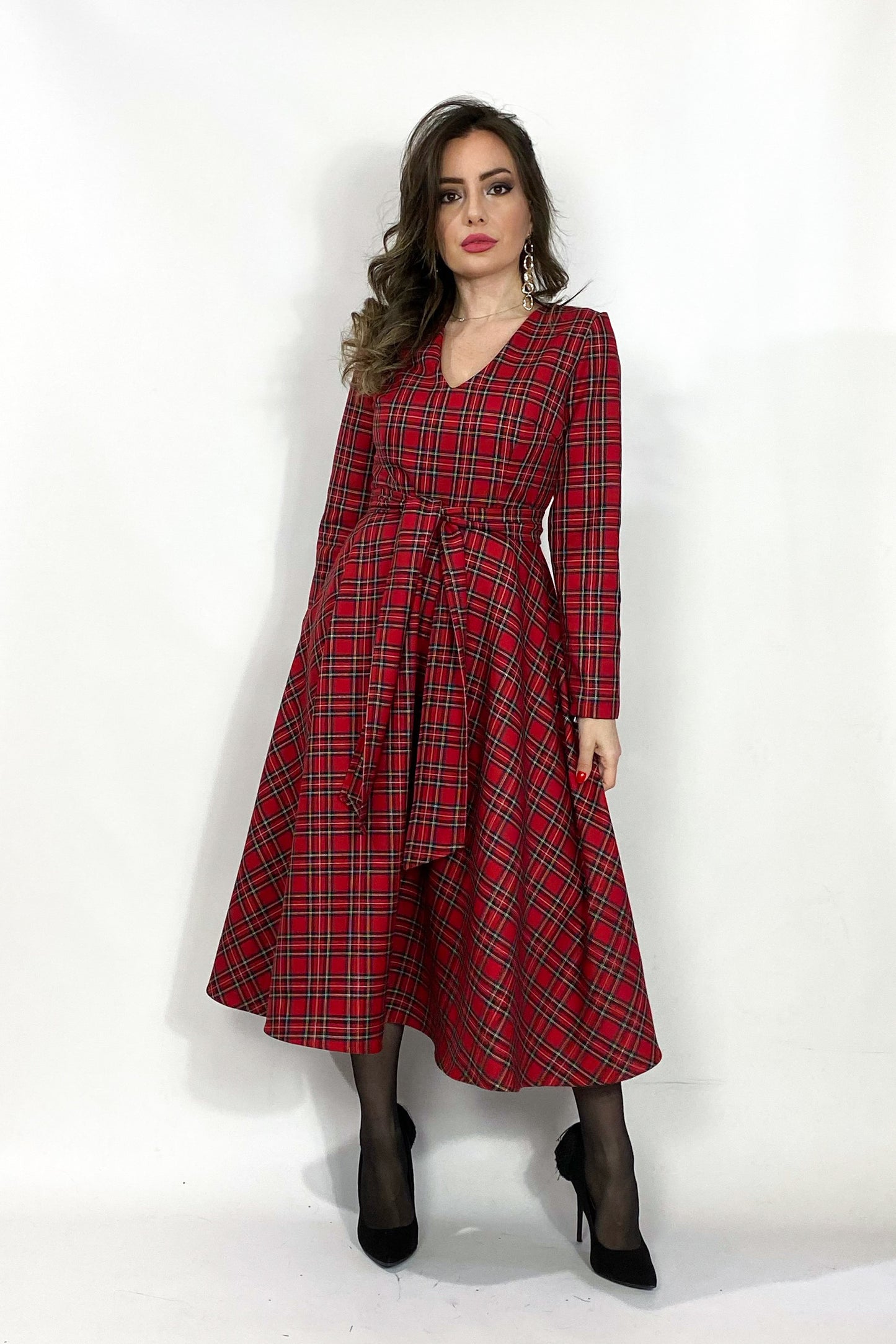 Abito midi in tartan rosso - Christmas Flower