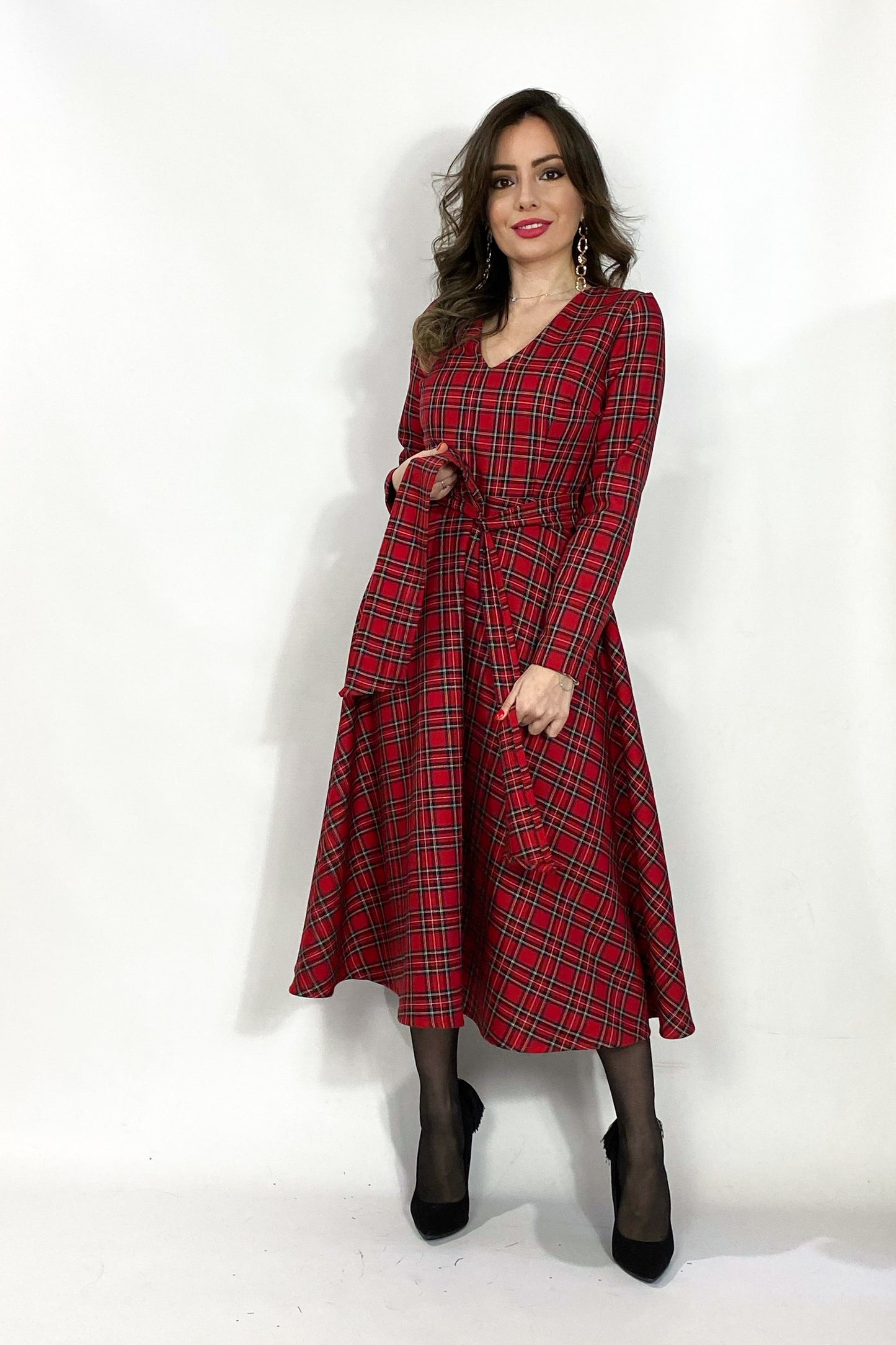 Abito midi in tartan rosso - Christmas Flower