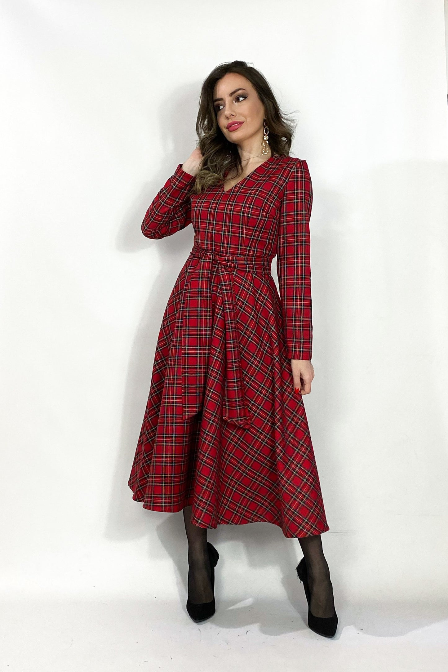 Abito midi in tartan rosso - Christmas Flower