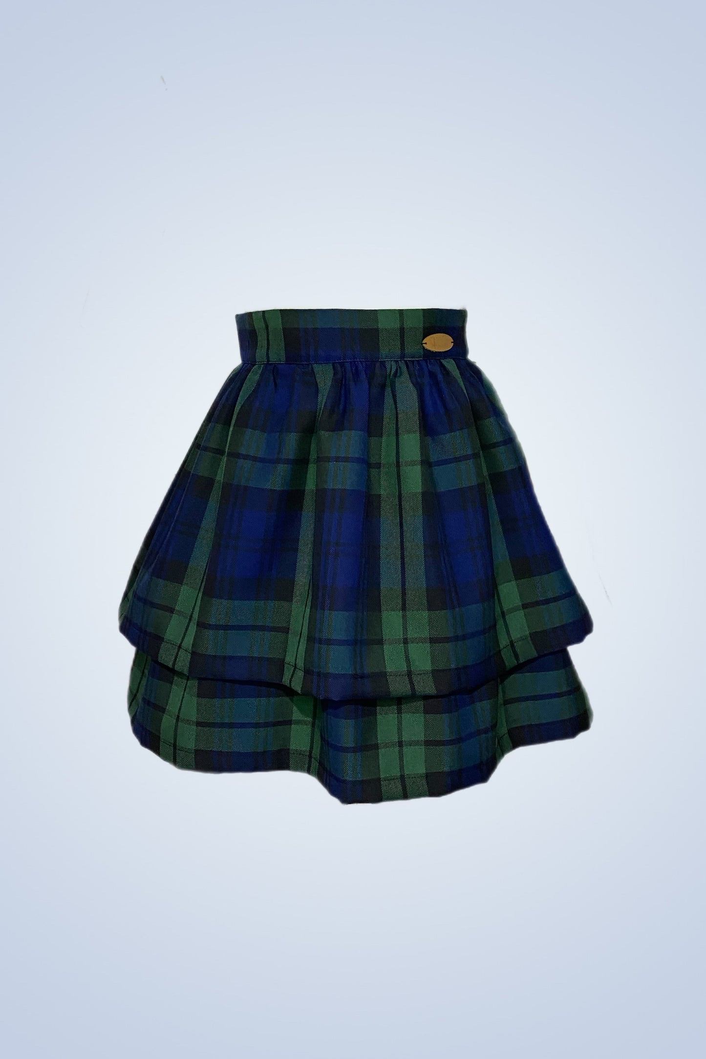 Minigonna a balze arricciate in tartan verde e blu