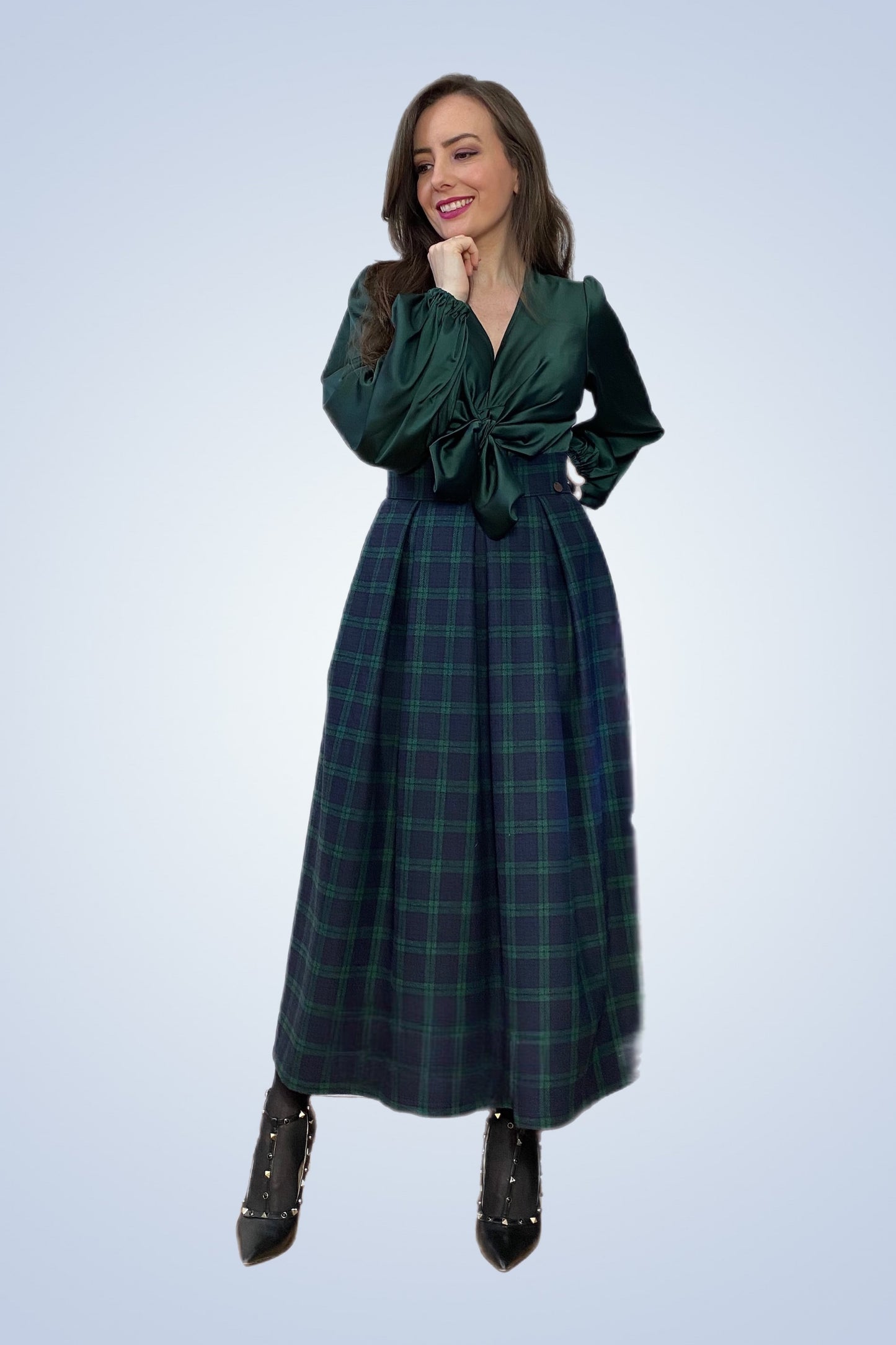 Gonna a pieghe in tartan verde e blu